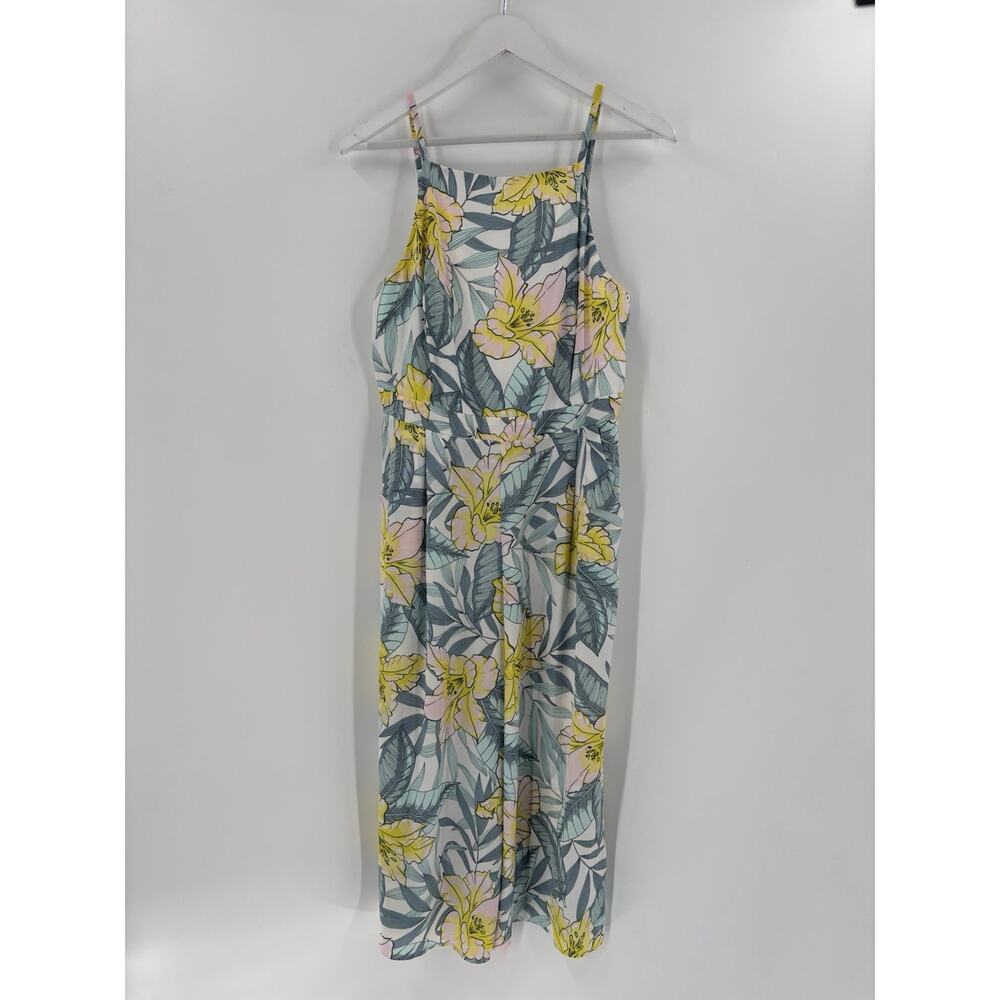 New Look Floral Jumpsuit Womens 14 Blue Yellow Sleeveless Wide Leg Tropical